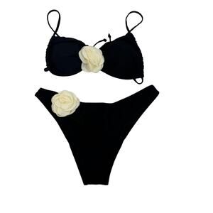 Beaudrm Women's Large Black White Embellished Floral High Rise 2 Piece Bikini